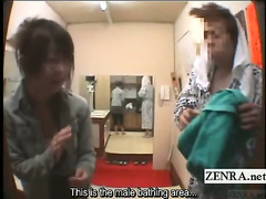 Subtitled shy nude Japanese woman enters male bathhouse