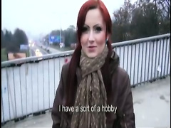Redhead girl sucking on a highway bridge