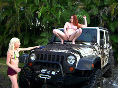 Veronica Vain masturbates on her dirty Jeep while step daughter Piper Perri washes it