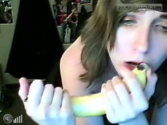 Blue eyed teen licking and sticking banana part2