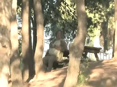 Blonde slut tied and undressed in a park gets fucked and humilia
